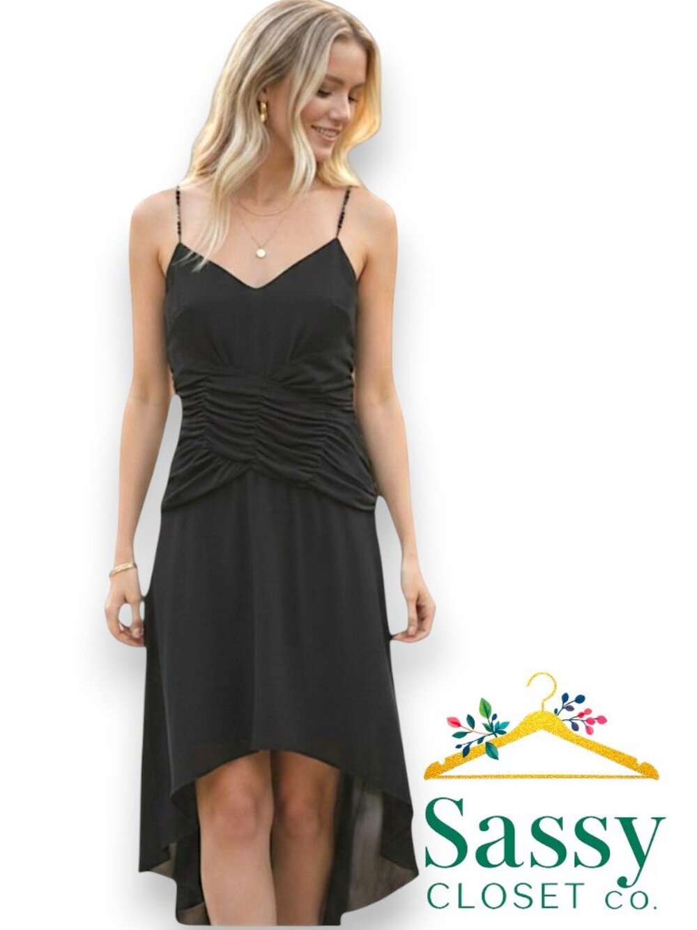 ✨ LAUNDRY By Shelli Segal Black Beaded Hi-Low Dress 6 EUC 🖤